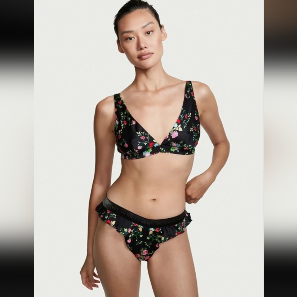 Victoria Secret-Washable Silk Hifh Leg Floral Ruffle Thong Panty-XS